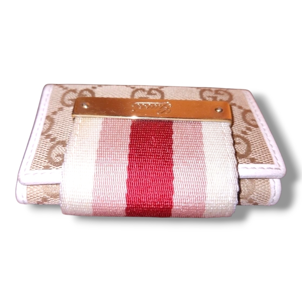 Gucci Signature GG Monogram Sherry Line Cream Red Pink Webbing 6 Key Card Holder - Picture 5 of 14